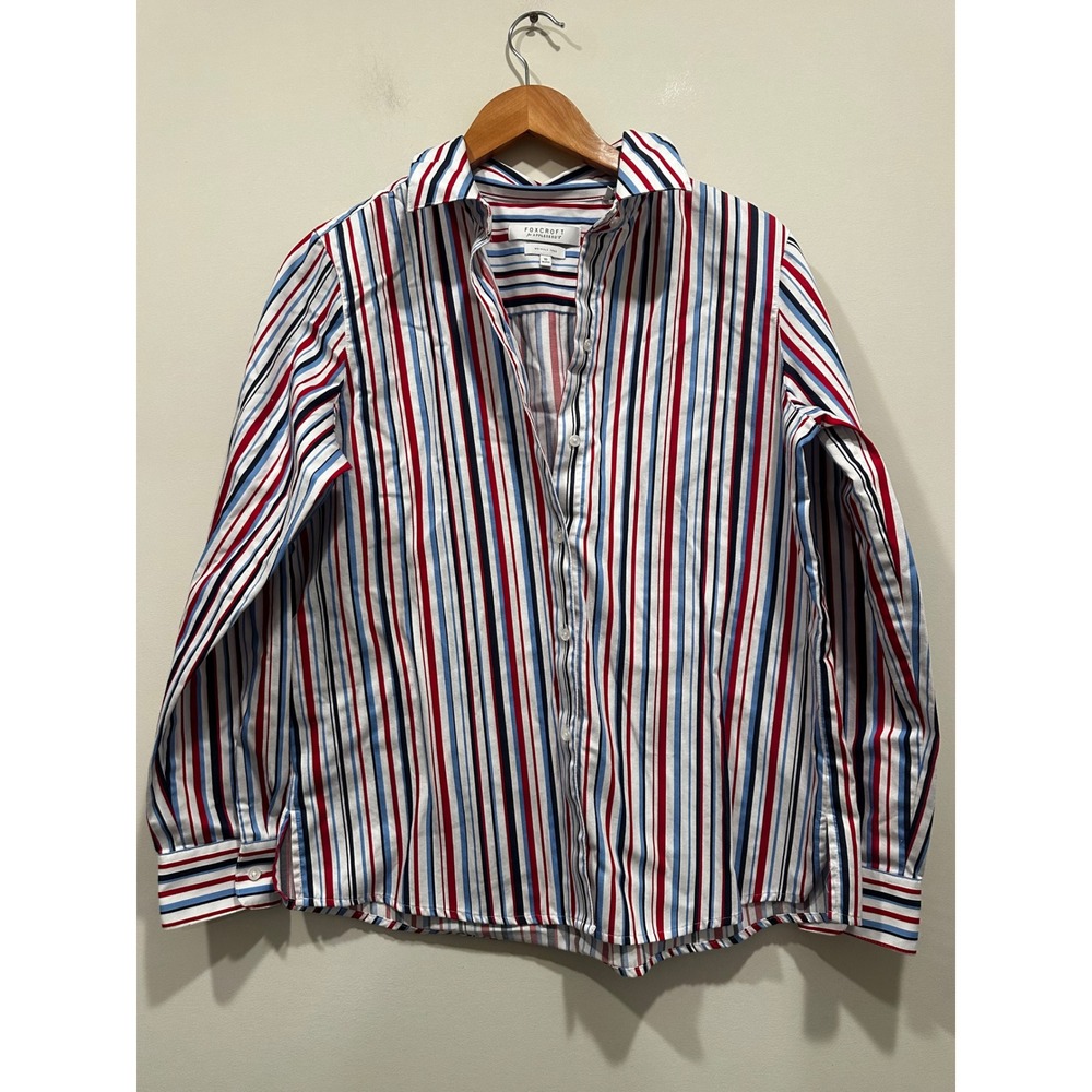 Foxcroft for Appleseed's Wrinkle Free Striped Button Down Shirt Red Blue 10